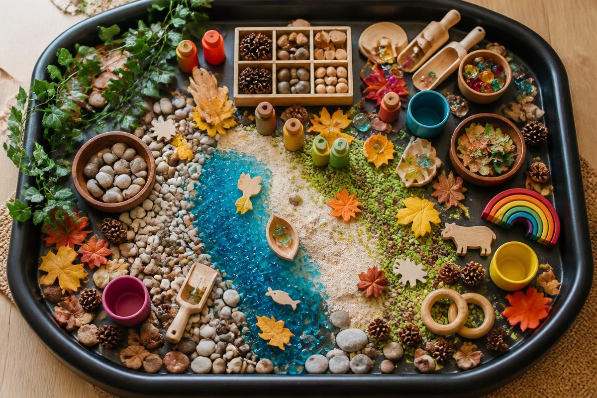Een kleurrijk versierde tuff tray met natuurlijke materialen, houten speelgoed en sensopatisch spelmateriaal